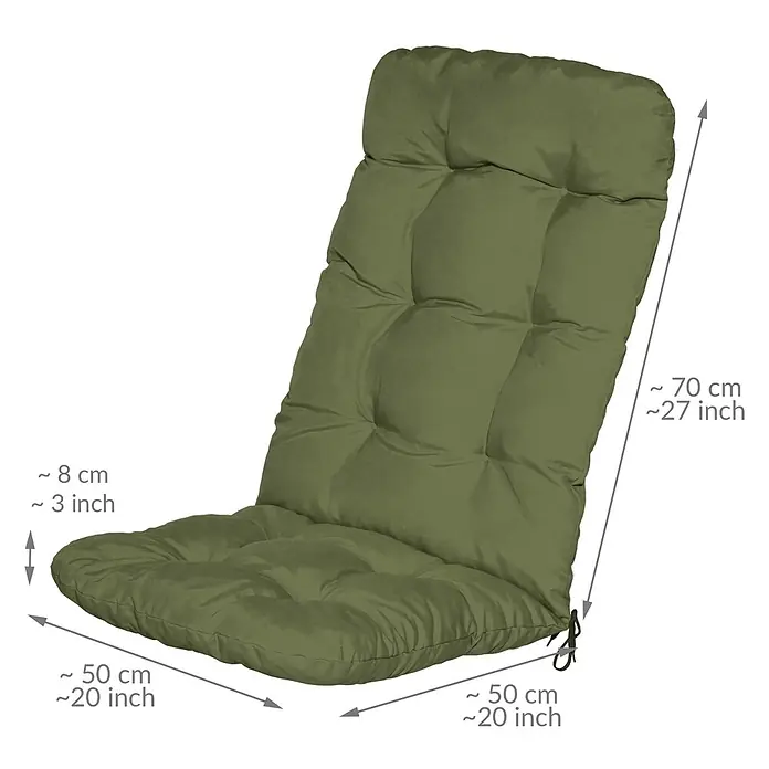 Beautissu Sitzauflage Flair HL - Hochlehner, 2 Stk., L x B x H: 120 x 50 x 8 cm, Polyester, Olivgrün - Olivgrünes, getuftetes Gartenstuhlauflagekissen mit Maßen 50x50x8 cm (Sitz) und 70 cm (Rückenlehne).