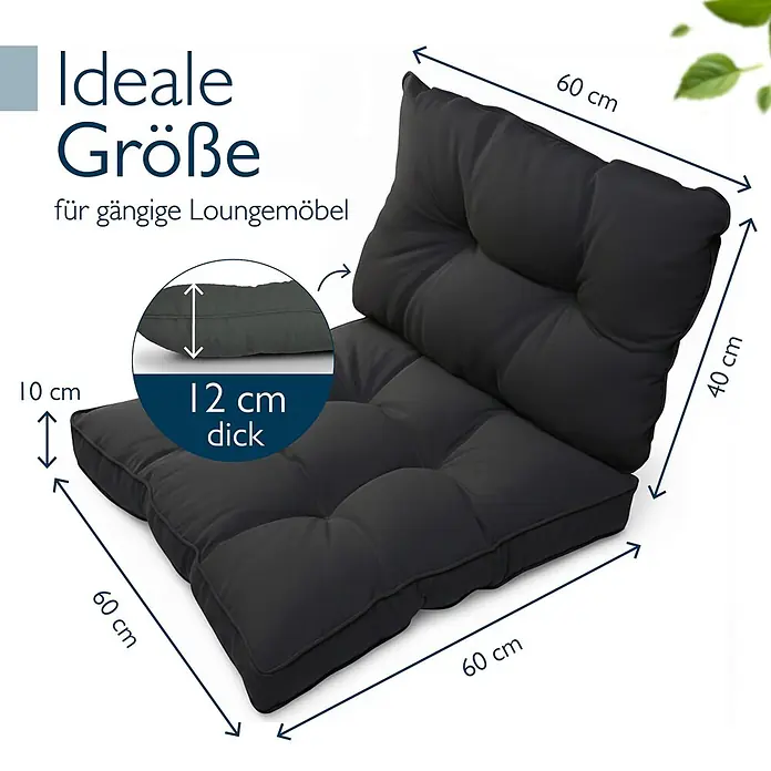 Beautissu Sitzauflage Flair Outdoor - Outdoor Lounge, 2 Stk., L x B x H: 60 x 60 x 22 cm, Polyester, Graphitgrau - Dunkelgraues Lounge-Kissen-Set (Sitz 60x60x10 cm, Rücken 60x40x12 cm) für Gartenmöbel.