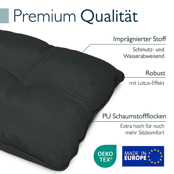Beautissu Sitzauflage Flair Outdoor - Outdoor Lounge, 2 Stk., L x B x H: 70 x 70 x 22 cm, Polyester, Graphitgrau - Dunkelgraues Premium-Kissen mit schmutz- und wasserabweisendem Stoff und komfortabler PU-Schaumfüllung.