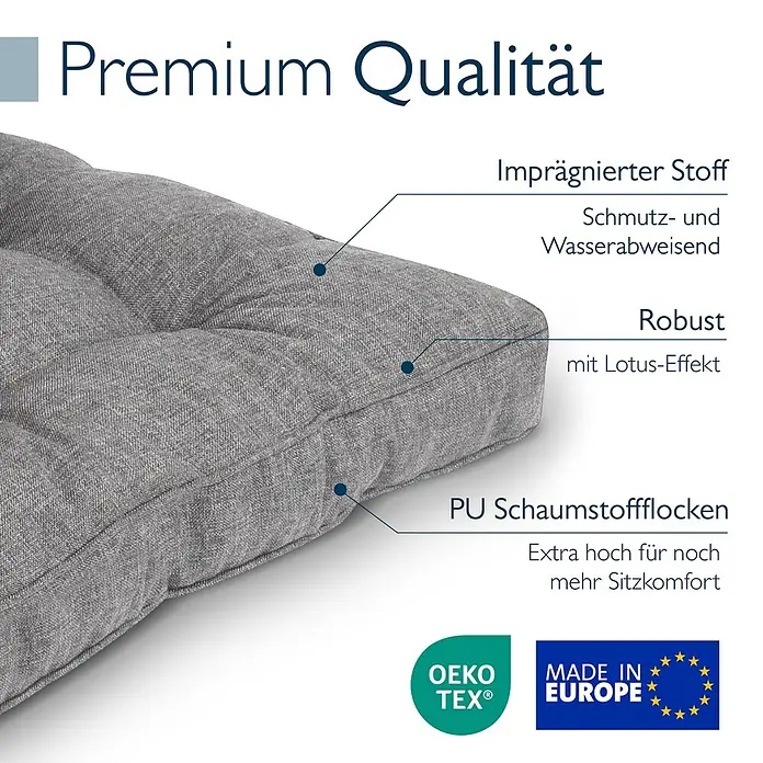 Beautissu Sitzauflage Beauflair LK - Outdoor Lounge, 2 Stk., L x B x H: 50 x 50 x 22 cm, Polyester, Hellgrau - Ein graues, imprägniertes Sitzkissen aus PU-Schaumstoffflocken, schmutz- und wasserabweisend für extra hohen Sitzkomfort.