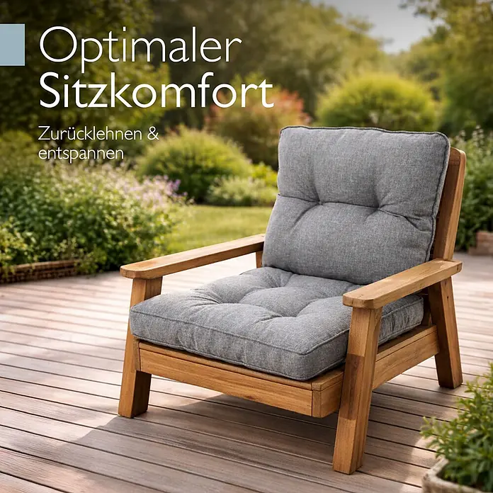 Beautissu Sitzauflage Beauflair LK - Outdoor Lounge, 2 Stk., L x B x H: 70 x 70 x 22 cm, Polyester, Hellgrau - Bequemer Garten-Holzsessel mit dicken grauen Kissen, ideal zum Entspannen auf der Holzterrasse.