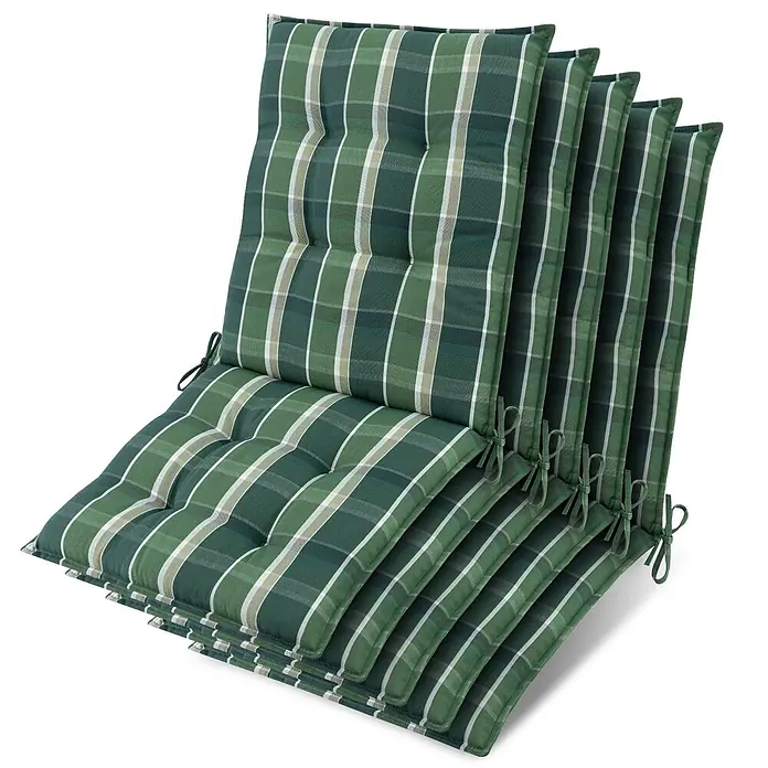 Beautissu Sitzauflage Sun-NL - Niederlehner, 5 Stk., L x B x H: 100 x 50 x 8 cm, Polyester, Grün - Set aus vier grünen karierten Stuhlauflagen mit Rückenlehne, mit weißen und hellgrünen Streifen und Befestigungsbändern.
