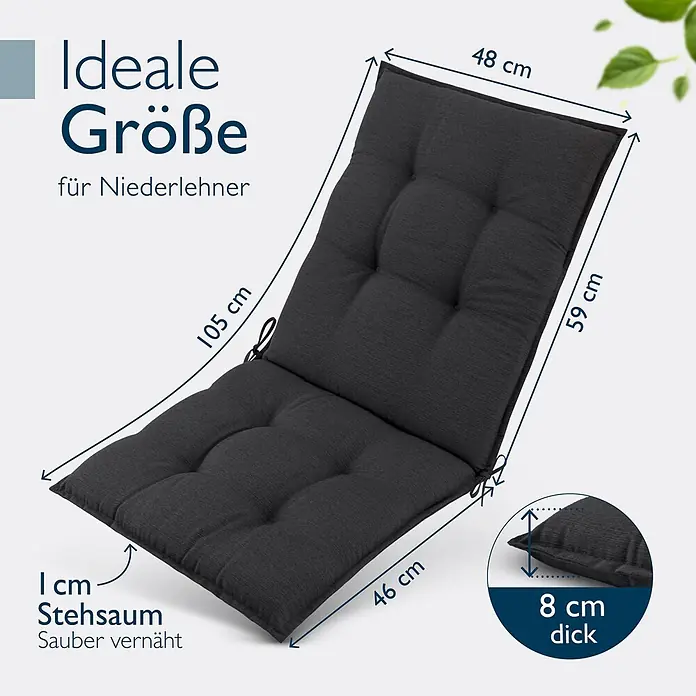 Beautissu Sitzauflage Sun-NL - Niederlehner, 6 Stk., L x B x H: 100 x 50 x 8 cm, Polyester, anthrazit-uni - Dunkelgraue, gesteppte Gartenstuhlauflage, ideal für Niederlehner, mit sichtbaren Maßen.