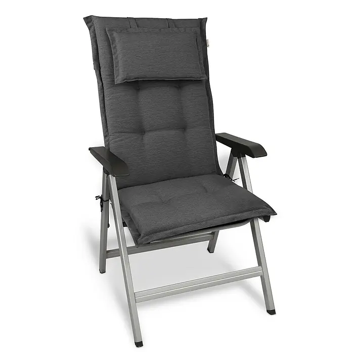 Beautissu Sitzauflage HighLux HL - Hochlehner, 1 Stk., L x B x H: 120 x 52 x 7 cm, Polyester, Anthrazit - Dunkelgrauer gepolsterter Gartenliegestuhl mit silbernem Aluminiumgestell und schwarzen Armlehnen.