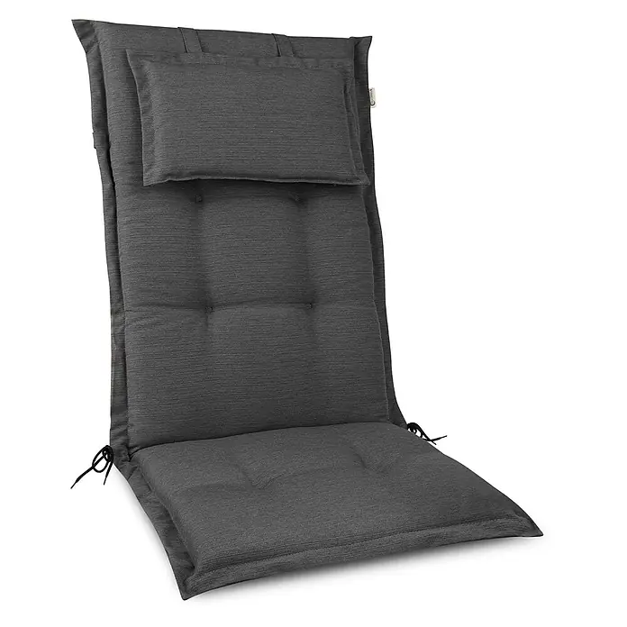 Beautissu Sitzauflage HighLux HL - Hochlehner, 1 Stk., L x B x H: 120 x 52 x 7 cm, Polyester, Anthrazit - Dunkelgraue Hochlehner-Gartenstuhlauflage mit gerippter Textur, gepolsterten Abschnitten, integriertem Kopfteil und Seitenbändern.