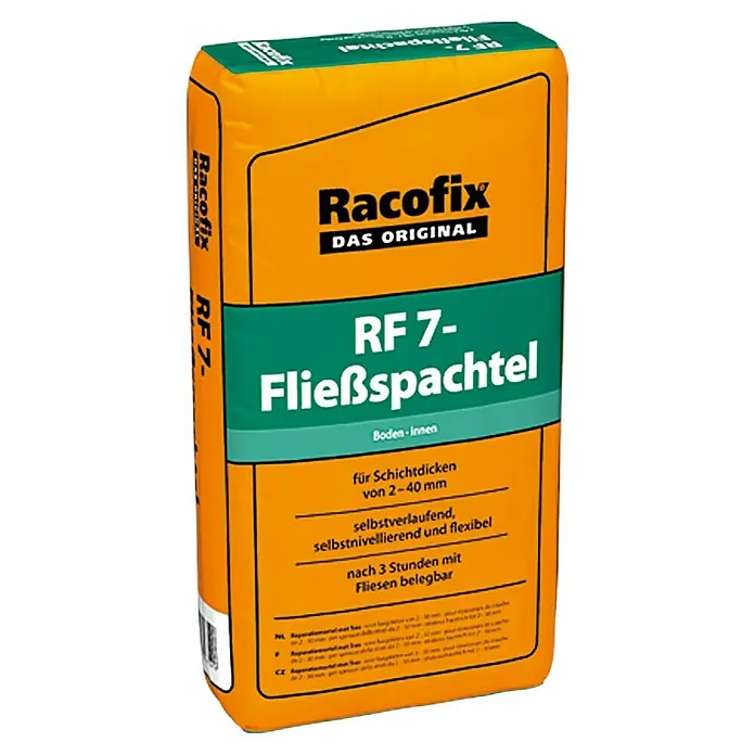 Racofix Fließspachtel RF 7 - 25 kg, Schichtdicke: 2 mm - 40 mm - Abbildung eines Sacks Racofix RF 7-Fließspachtel, ein selbstverlaufender, selbstnivellierender und flexibler Bodenausgleich für Schichtdicken von 2–40 mm.