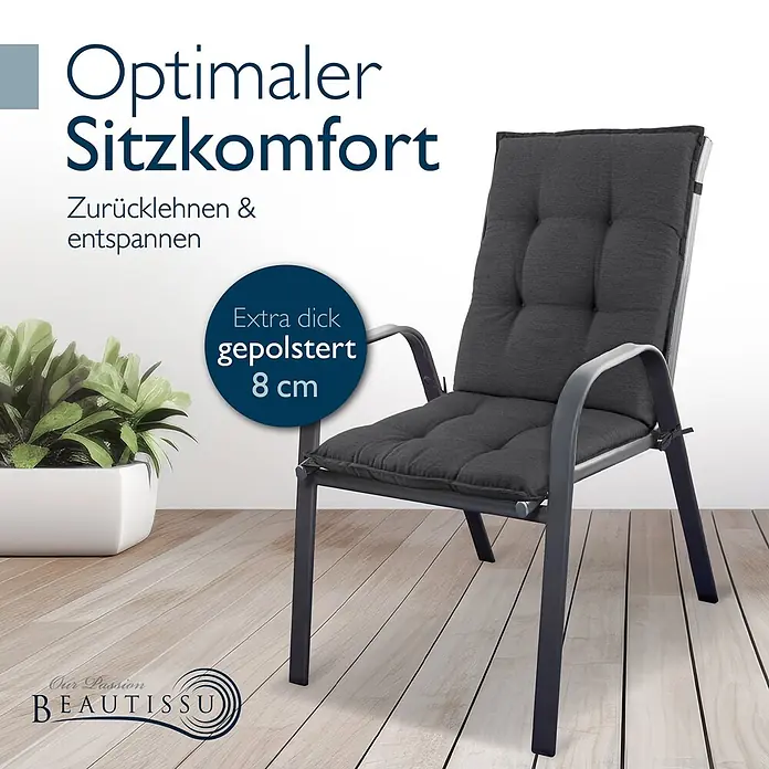 Beautissu Sitzauflage Sun-NL - Niederlehner, 6 Stk., L x B x H: 100 x 50 x 8 cm, Polyester, anthrazit-uni - Dunkelgrauer gepolsterter Gartenstuhl mit 8 cm dicken Kissen für optimalen Sitzkomfort auf Holzterrasse.