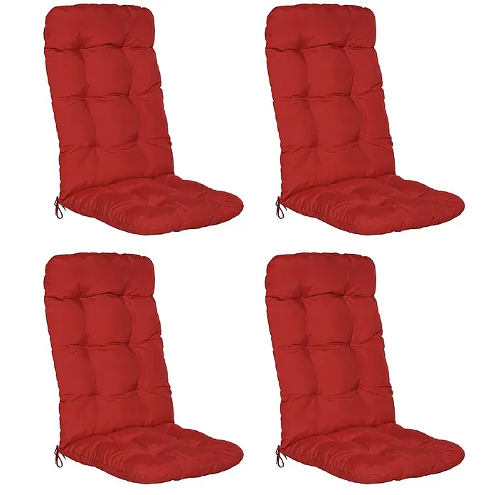 Beautissu Sitzauflage Flair HL - Hochlehner, 4 Stk., Polyester, Rot - Satz von vier roten, gesteppten Stuhlkissen mit Bändern für Garten- oder Outdoor-Sitzgelegenheiten.