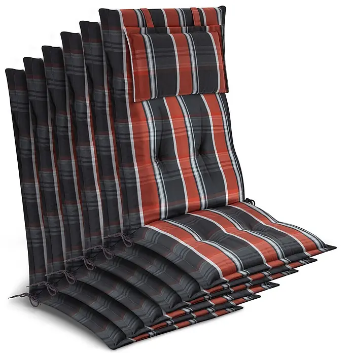 Beautissu Sitzauflage Highlux HL - Hochlehner, 6 Stk., Polyester, Grau-Orange-Weiß-Kariert - Mehrere rot, schwarz und weiß karierte Stuhlkissen mit gesteppten Abschnitten, integrierten Kopfstützen und Befestigungsbändern.