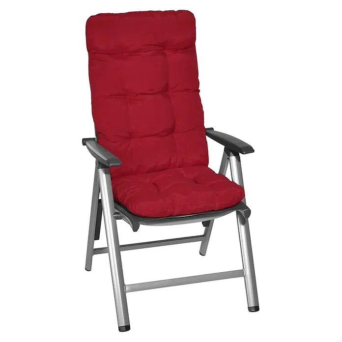 Beautissu Sitzauflage Flair HL - Hochlehner, 4 Stk., Polyester, Rot - Silberner Klappstuhl mit schwarzen Armlehnen und einem plüschigen roten Polsterkissen.