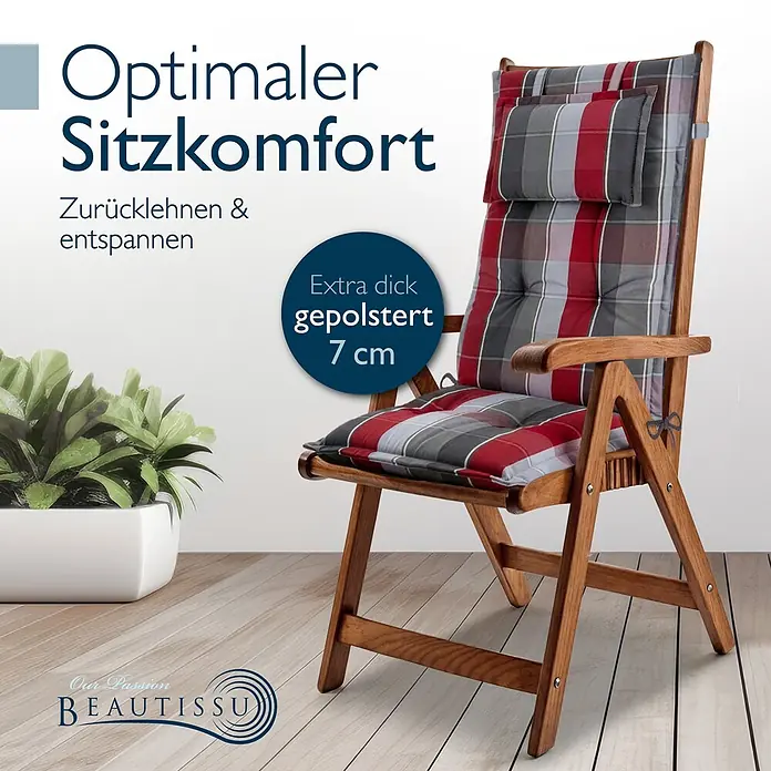 Beautissu Sitzauflage Highlux HL - Hochlehner, 3 Stk., L x B x H: 120 x 52 x 7 cm, Polyester, Grau-Rot-Hellblau-Kariert - Holz-Gartenstuhl mit rot-grau-weiß kariertem Polster, 7 cm dick für optimalen Sitzkomfort.