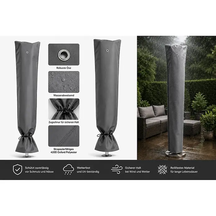 Westerholt Sonnenschirm-Schutzhülle - Passend für: Sonnenschirme mit ∅ 200–400 cm, 420D Oxford Polyester, 420 g/m², Anthrazit - Graue Schutzhülle aus strapazierfähigem, wasserabweisendem Oxford Polyester mit Zugband für Heizstrahler, im Regen im Garten zu sehen.