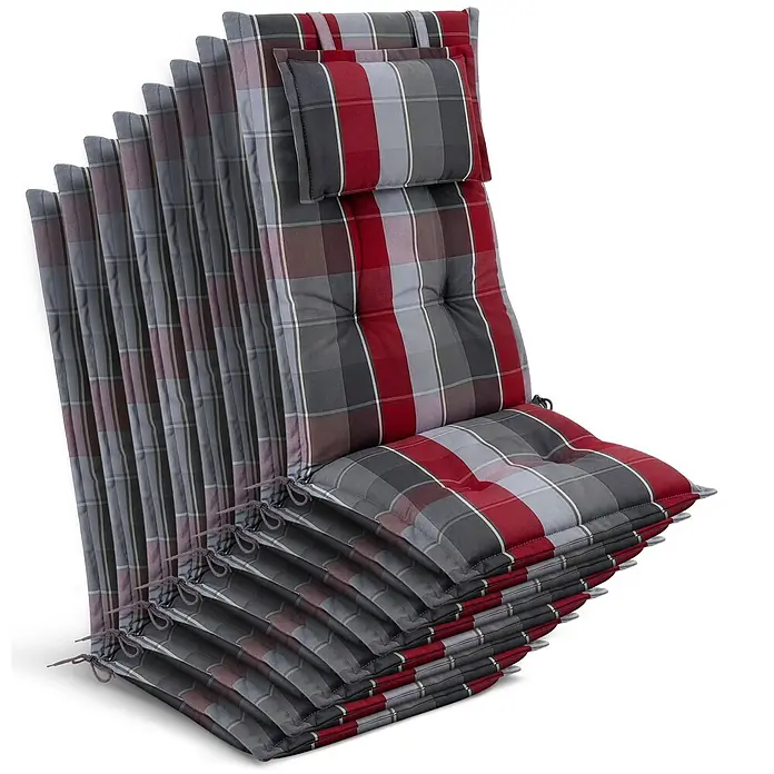 Beautissu Sitzauflage Highlux HL - Hochlehner, 8 Stk., Polyester, Grau-Rot-Hellblau-Kariert - Gestapelte rot, grau und weiß karierte Stuhlkissen mit Kopfstützen für Gartenmöbel.