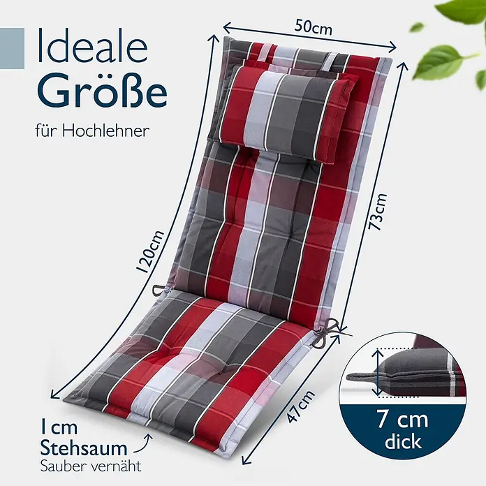Beautissu Sitzauflage Highlux HL - Hochlehner, 3 Stk., L x B x H: 120 x 52 x 7 cm, Polyester, Grau-Rot-Hellblau-Kariert - Rot-grau-weiß karierte Hochlehner-Stuhlauflage, 120x50cm, 7cm dick, mit 1cm Stehsaum.