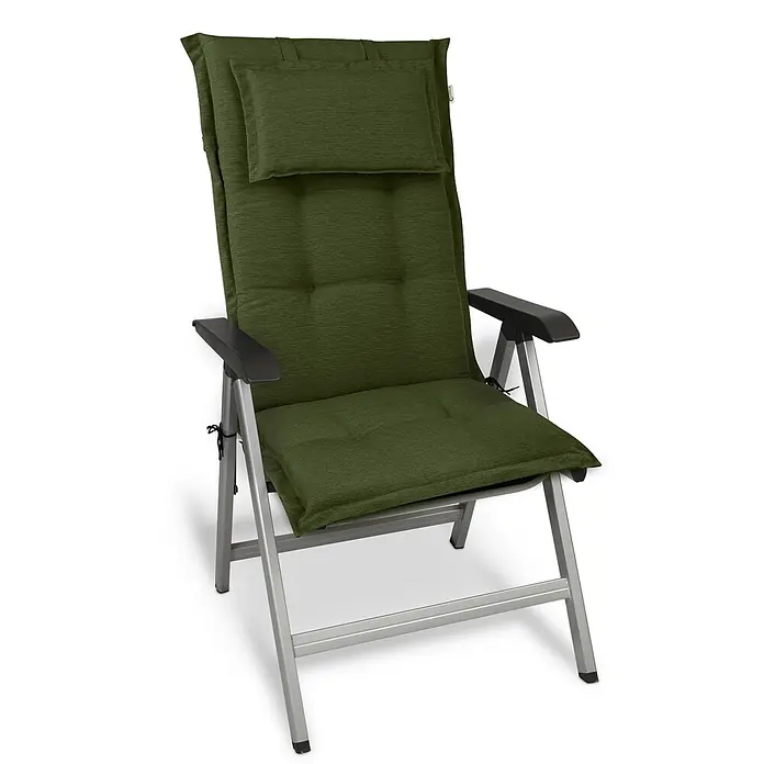 Beautissu Sitzauflage HighLux HL - Hochlehner, 1 Stk., Polyester, Dunkelgrün - Grüner gepolsterter Klappgartenstuhl mit silbernem Metallgestell und schwarzen Armlehnen.