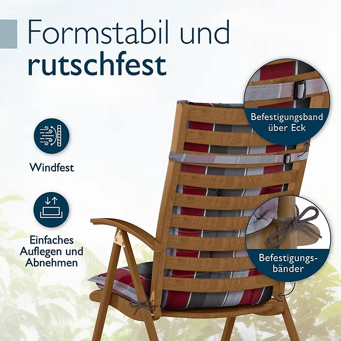 Beautissu Sitzauflage Highlux HL - Hochlehner, 3 Stk., L x B x H: 120 x 52 x 7 cm, Polyester, Grau-Rot-Hellblau-Kariert - Gepolstertes Stuhlkissen (rot/grau/weiß) auf Holzstuhl, mit Eckband und Bändern für rutschfeste, windfeste Stabilität.