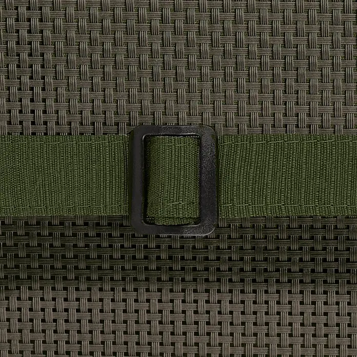 Beautissu Sitzauflage HighLux NL - Niederlehner, 1 Stk., L x B x H: 105 x 50 x 7 cm, Polyester, Dunkelgrün - Dunkelbraune Webstruktur mit olivgrünem Riemen und schwarzer Schnalle.
