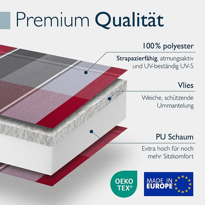 Beautissu Sitzauflage Highlux HL - Hochlehner, 3 Stk., L x B x H: 120 x 52 x 7 cm, Polyester, Grau-Rot-Hellblau-Kariert - Mehrschichtiger Kissen-/Matratzenaufbau aus Polyestergewebe, Vlies und PU-Schaum, langlebig, atmungsaktiv, UV-beständig für hohen Komfort.