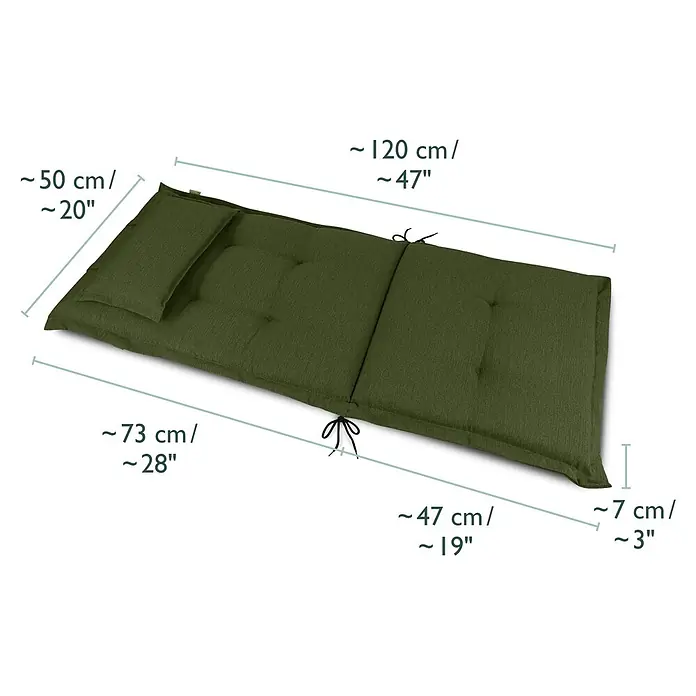 Beautissu Sitzauflage HighLux HL - Hochlehner, 1 Stk., Polyester, Dunkelgrün - Dunkelgrünes getuftetes Stuhlkissen mit Kopfstütze und Bändern, Maße werden angezeigt.