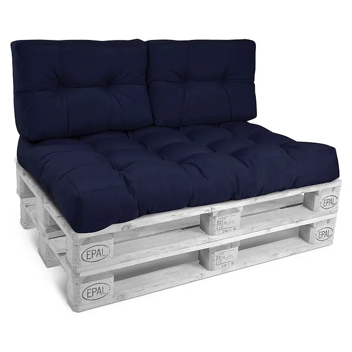 Beautissu Sitzauflage Eco Style - Europalette, 2 Stk., Polyester, Dunkelblau - Weißes Palettensofa-Modul mit plüschigen dunkelblauen Sitz- und Rückenkissen.