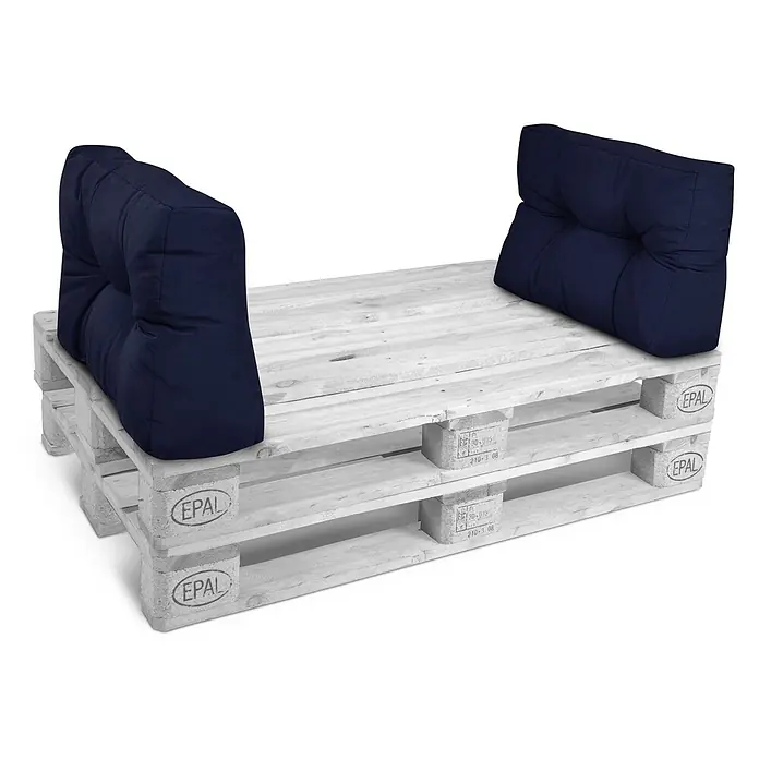 Beautissu Sitzauflage Eco Style - Europalette, 2 Stk., Polyester, Dunkelblau - Sitzbank aus weiß gestrichenen Paletten mit zwei dunkelblauen Rückenkissen für eine gemütliche Sitzecke.
