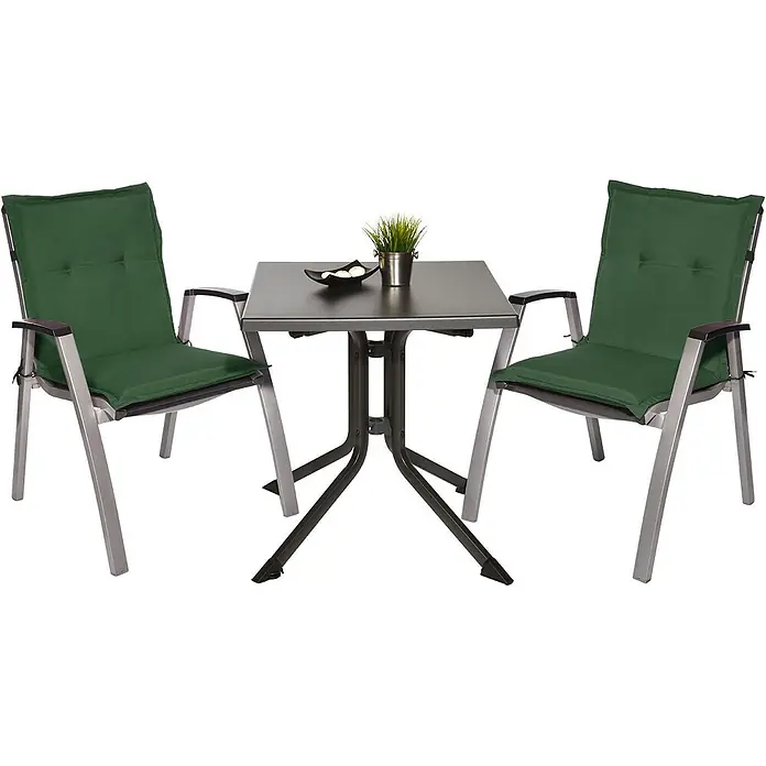 Beautissu Sitzauflage Loft Nl - Niederlehner, 2 Stk., L x B x H: 100 x 50 x 6 cm, Polyester, Dunkelgrün - Garten-Bistro-Set mit zwei silbernen Metallstühlen, dunkelgrünen Auflagen und einem grauen quadratischen Tisch.
