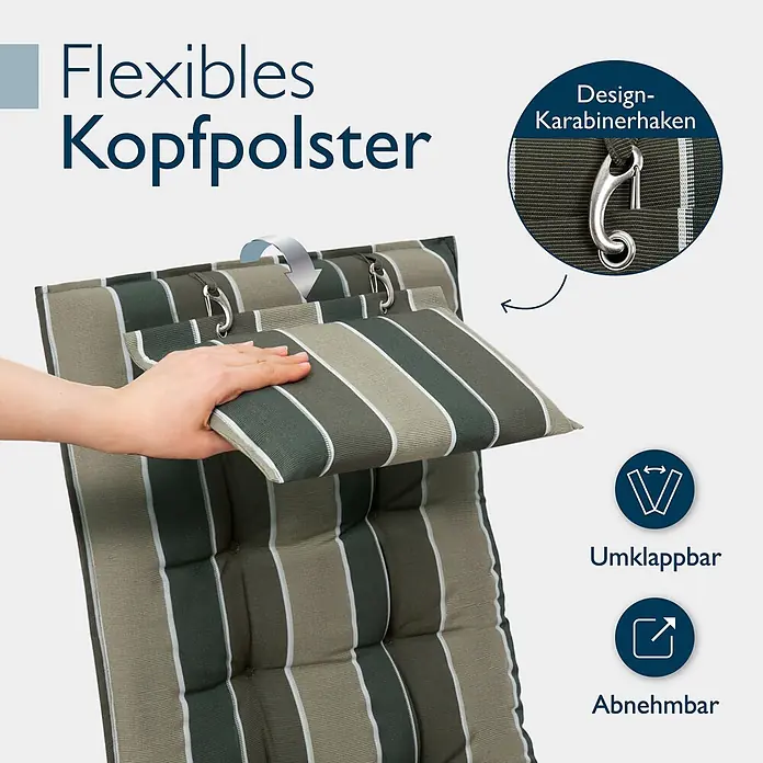 Beautissu Sitzauflage Sun-HL - Hochlehner, 1 Stk., L x B x H: 119 x 50 x 8 cm, Polyester, grün-gestreift - Gestreiftes grün-graues Stuhlkissen mit flexiblem, umklappbarem und abnehmbarem Kopfpolster, gesichert mit Karabinerhaken.