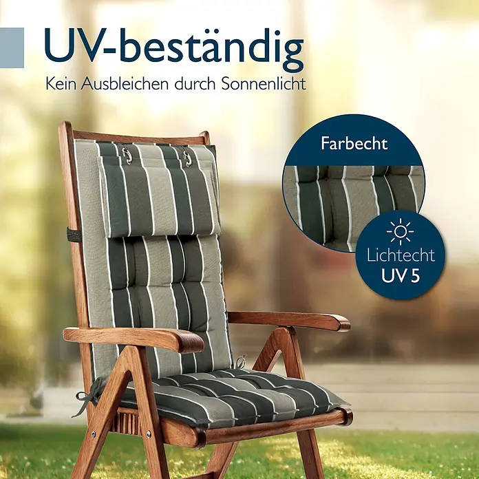Beautissu Sitzauflage Sun-HL - Hochlehner, 3 Stk., L x B x H: 120 x 50 x 8 cm, Polyester, Grün - Grün-beige gestreiftes, UV-beständiges Gartenstuhlpolster auf Holzstuhl.