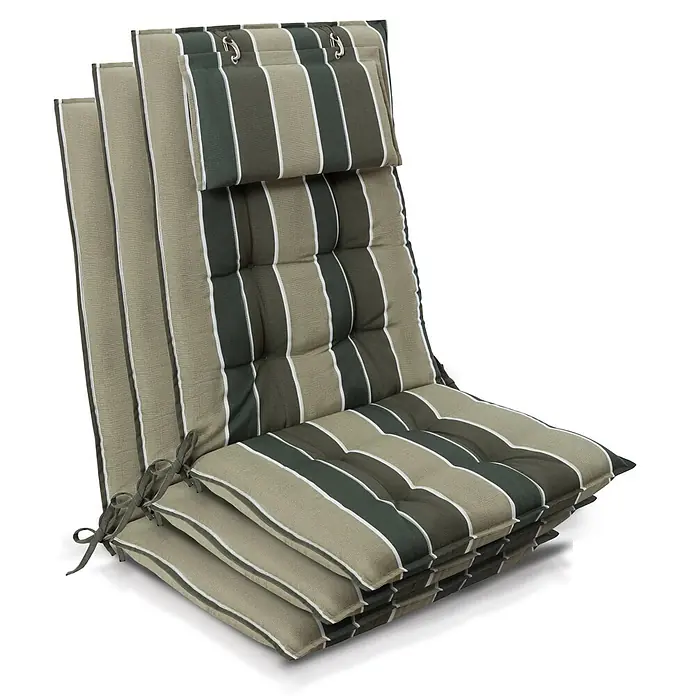 Beautissu Sitzauflage Sun-HL - Hochlehner, 3 Stk., L x B x H: 120 x 50 x 8 cm, Polyester, Grün - Gestreiftes grün-beiges Outdoor-Stuhlkissen mit Bändern und Haken.