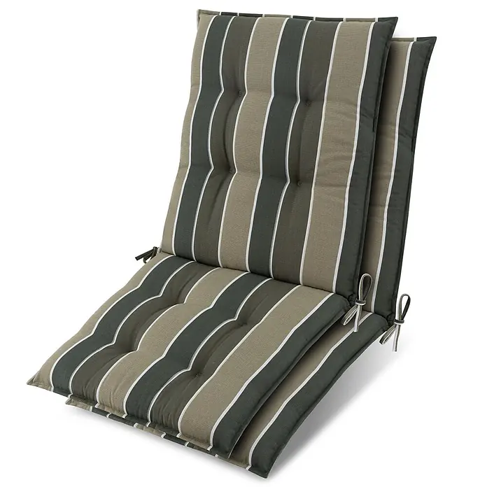 Beautissu Sitzauflage Sun-NL - Niederlehner, 2 Stk., Polyester, grün-gestreift - Gestreifte Outdoor-Sitzauflagen in Olivgrün, Beige und Weiß, mit Knöpfen und Bändern.