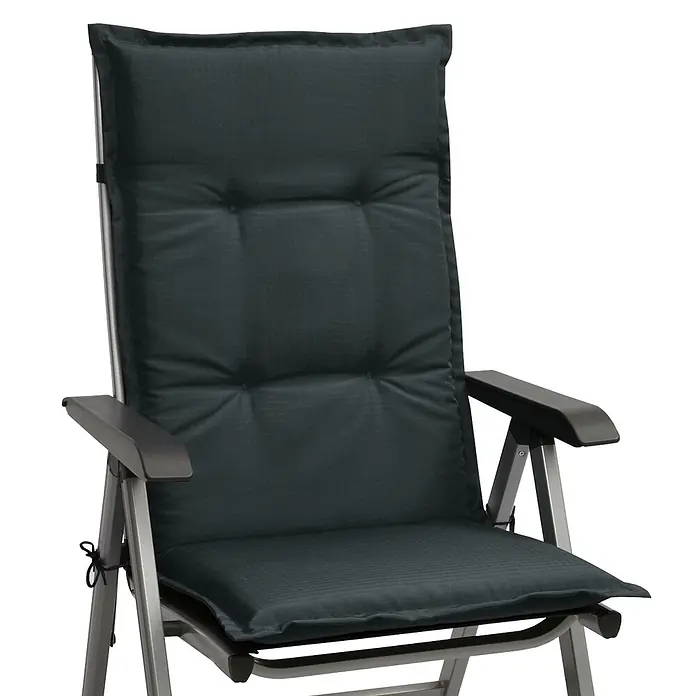 Beautissu Sitzauflage Base HL - Hochlehner, 4 Stk., L x B x H: 120 x 50 x 6 cm, Polyester, Graphitgrau - Dunkelgrauer gepolsterter Liegestuhl mit silbernem Metallgestell und getufteten Auflagen.