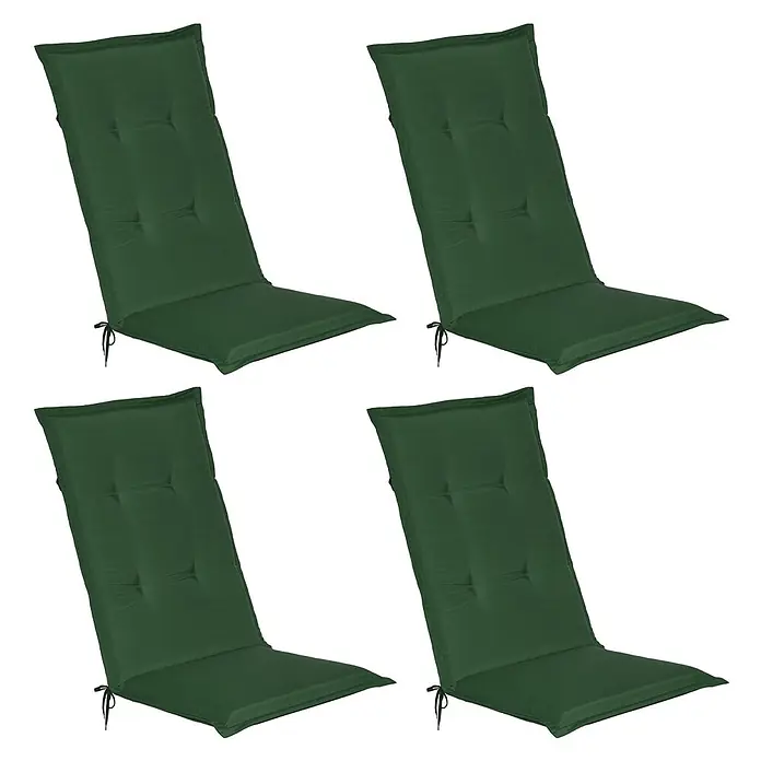 Beautissu Sitzauflage Loft Hl - Hochlehner, 4 Stk., Polyester, Dunkelgrün - Vier grüne, gesteppte Stuhlkissen mit Bändern, ideal für Gartenmöbel, bieten Komfort und Stil.