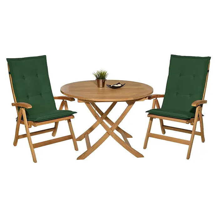 Beautissu Sitzauflage Loft Hl - Hochlehner, 4 Stk., Polyester, Dunkelgrün - Gartenmöbel-Set aus Holz mit zwei Klappstühlen mit grünen Kissen und einem runden Klapptisch.
