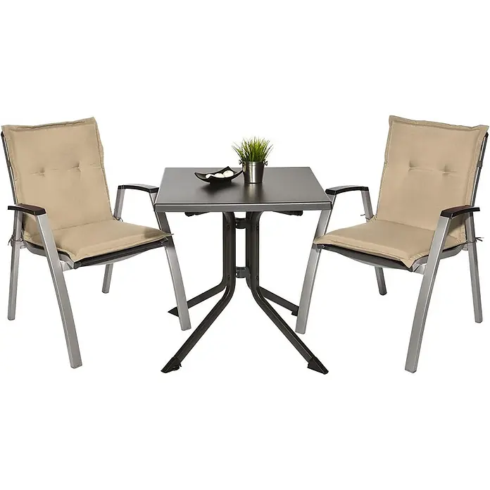 Beautissu Sitzauflage Loft Nl - Niederlehner, 8 Stk., L x B x H: 100 x 50 x 6 cm, Polyester, Natur - Bistrogarnitur mit einem dunkelgrauen quadratischen Tisch und zwei Stühlen mit silbernen Gestellen und beigefarbenen Kissen.
