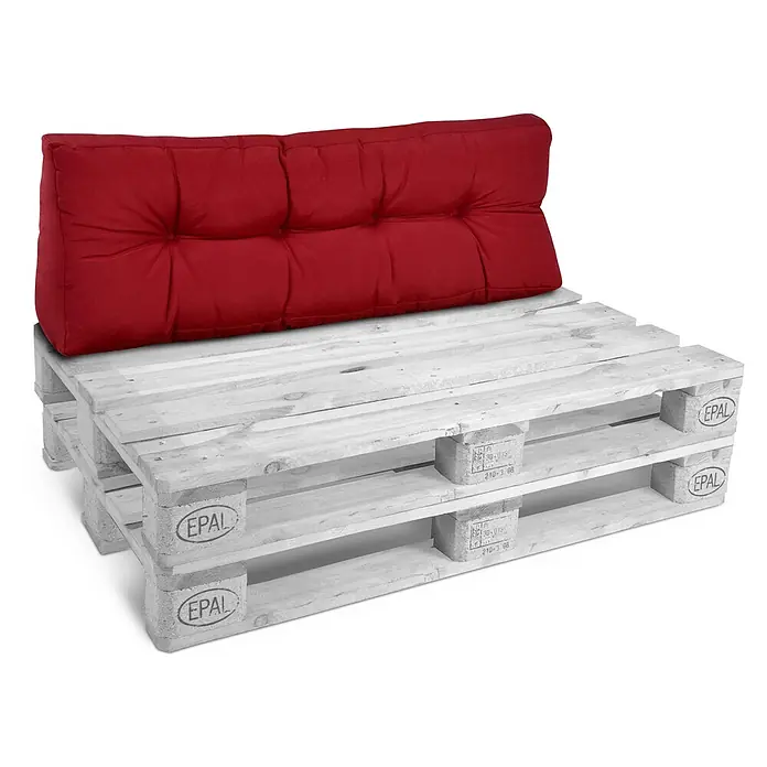 Beautissu Sitzauflage Eco Style - Europalette, 1 Stk., Polyester, Rot - Rotes getuftetes Rückenkissen auf hellgrauen Holzpaletten.