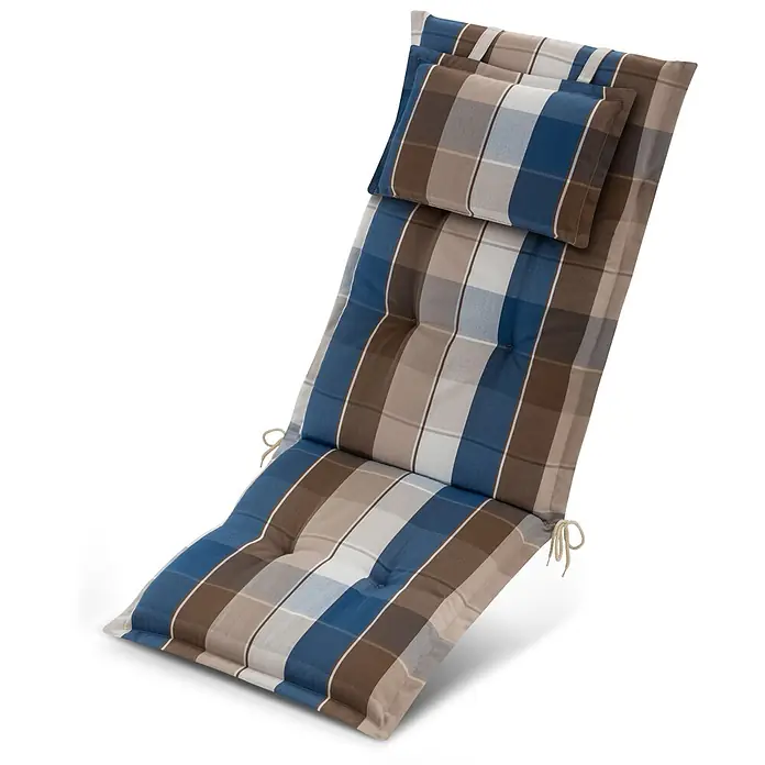 Beautissu Sitzauflage Highlux HL - Hochlehner, 1 Stk., Polyester, braun-blau-kariert - Kariertes Liegenkissen mit Kopfkissen in Blau, Braun, Beige und Weiß, gesteppt, mit Bindebändern.
