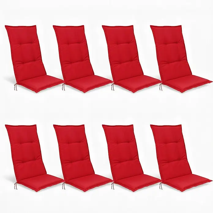 Beautissu Sitzauflage Base HL - Hochlehner, 8 Stk., L x B x H: 120 x 50 x 6 cm, Polyester, Rot - Acht rote Hochlehner-Stuhlkissen mit Bändern.