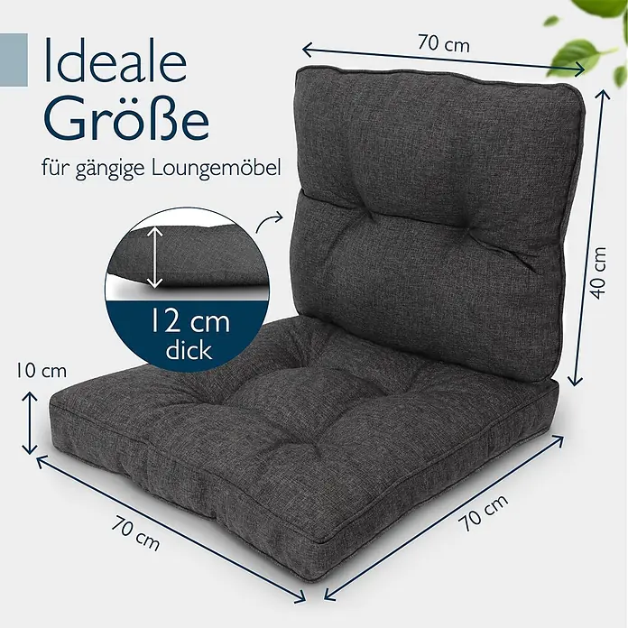 Beautissu Sitzauflage Beauflair LK - Outdoor Lounge, 2 Stk., Polyester, Graphitgrau - Dunkelgraues Loungeset, Sitzkissen 70x70x10 cm, Rückenkissen 70x40x12 cm.
