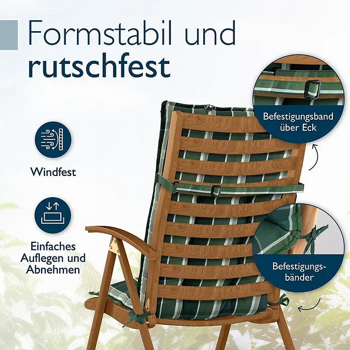 Beautissu Sitzauflage Sun-HL - Hochlehner, 1 Stk., Polyester, Grün-Kariert - Grün-weiß gestreifte, formstabile Sitzauflage für Gartenstühle, mit Befestigungsbändern und Eckband für sicheren Halt.