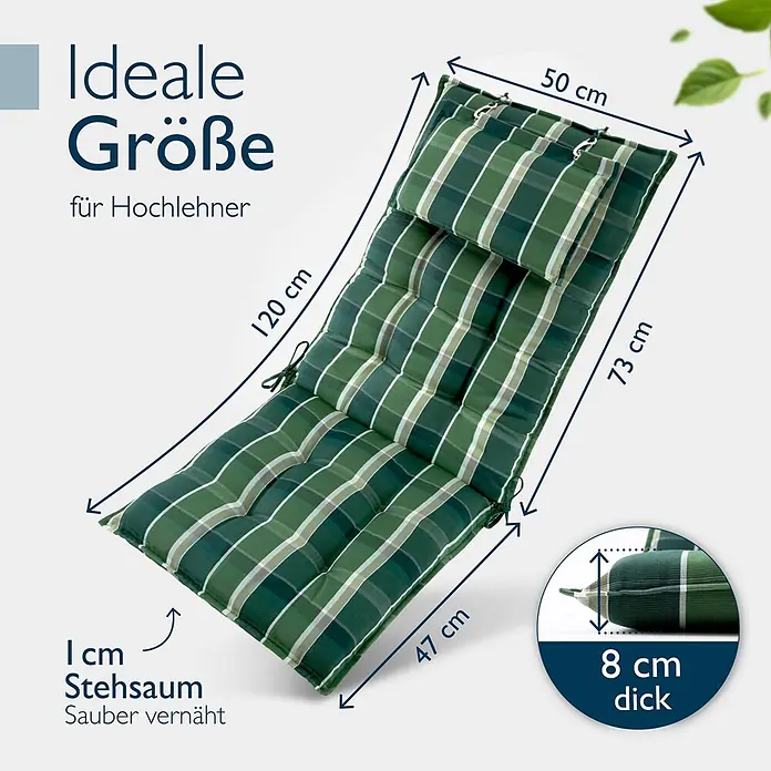 Beautissu Sitzauflage Sun-HL - Hochlehner, 1 Stk., Polyester, Grün-Kariert - Grünes, kariertes Hochlehner-Sitzkissen, 50 cm (oben) bis 47 cm (unten) breit, 193 cm lang und 8 cm dick.
