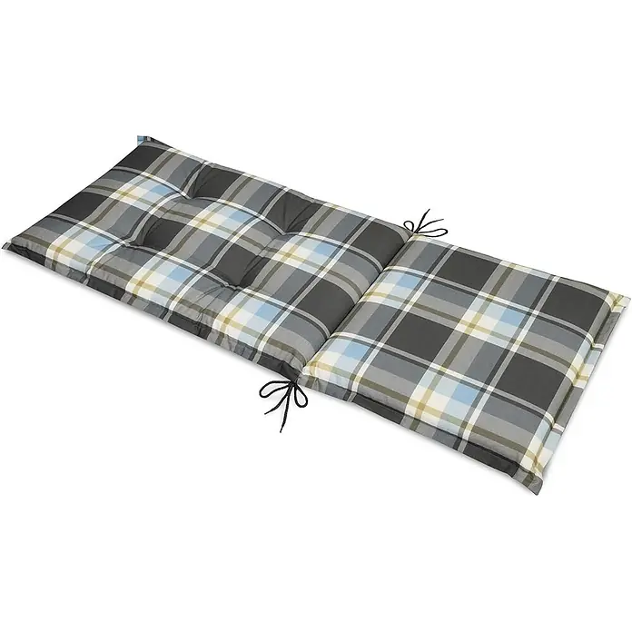 Beautissu Sitzauflage Sunny HL - Hochlehner, 2 Stk., Polyester, Blau - Zweiteiliges, gestepptes Outdoor-Kissen mit Karomuster in Grau, Weiß, Blau und Gelb mit schwarzen Bändern.
