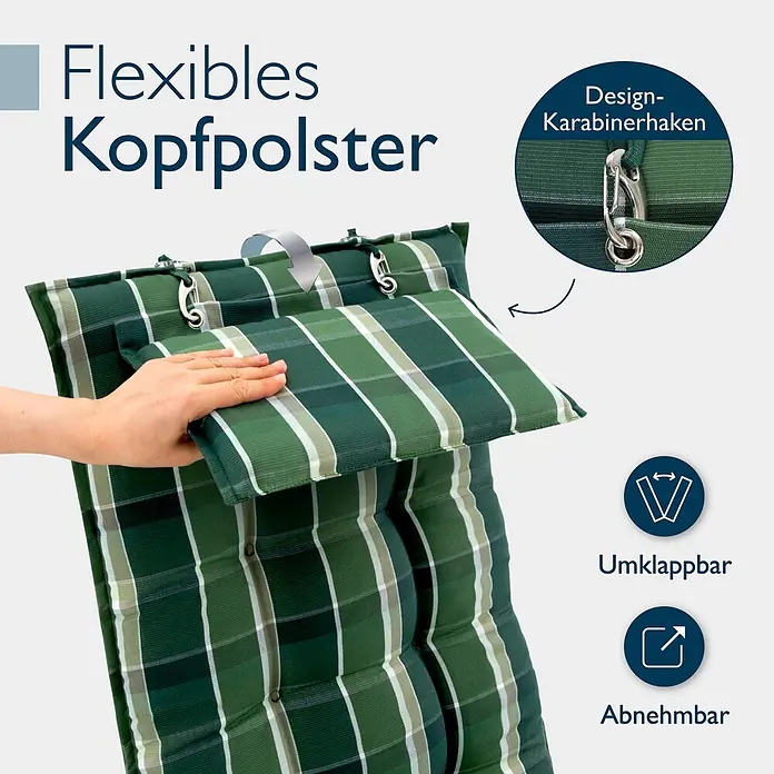 Beautissu Sitzauflage Sun-HL - Hochlehner, 1 Stk., Polyester, Grün-Kariert - Gepolstertes Kissen in grünem Karomuster mit flexiblem, abnehmbarem Kopfteil und Karabinerhaken.