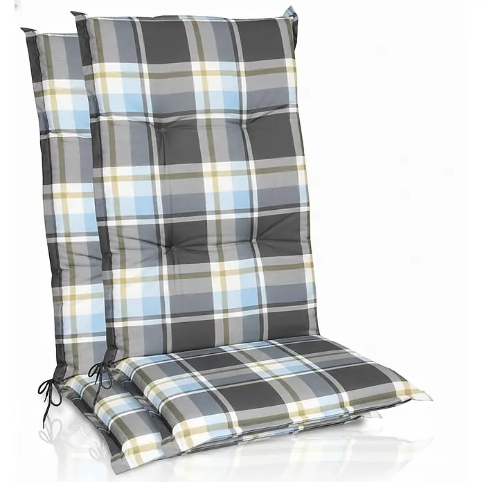 Beautissu Sitzauflage Sunny HL - Hochlehner, 2 Stk., Polyester, Blau - Zwei karierte, getuftete Stuhlkissen in Blau, Grau, Weiß und Gelb, mit Bändern.