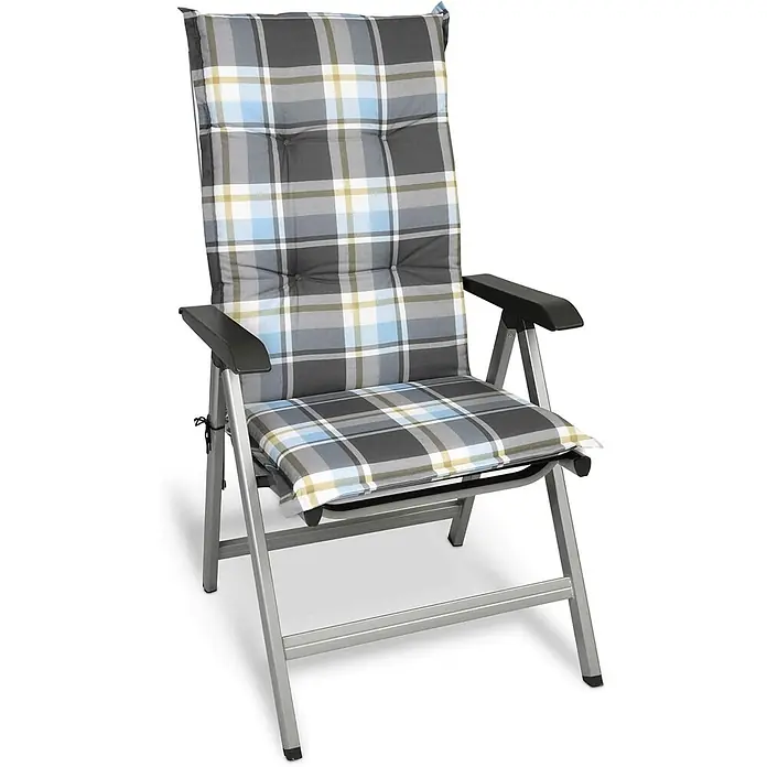 Beautissu Sitzauflage Sunny HL - Hochlehner, 2 Stk., Polyester, Blau - Klappbarer Gartenstuhl aus silbernem Aluminium mit schwarzen Armlehnen und bequemem grau-blau-gelb kariertem Kissen.