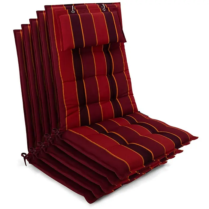 Beautissu Sitzauflage Sun-HL - Hochlehner, 5 Stk., Polyester, Anthrazit,Rot - Stapel roter und bordeauxfarbener gestreifter Outdoor-Kissen mit orangen Akzenten, mit Bindebändern und Metallösen.