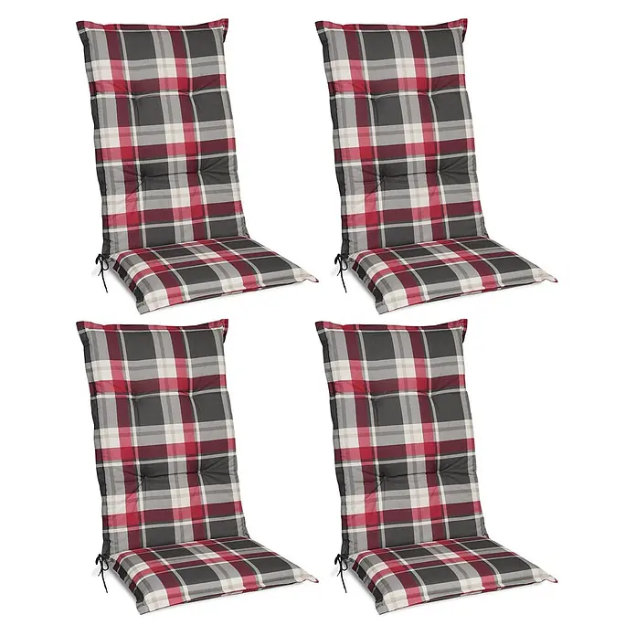 Beautissu Sitzauflage Sunny HL - Hochlehner, 4 Stk., Polyester, Bordeaux - Vier karierte Stuhlauflagen in Rot, Dunkelgrau und Beige.