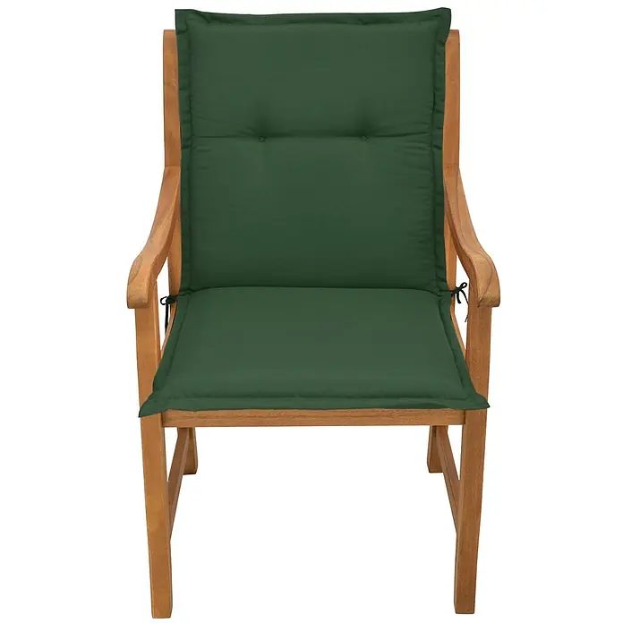 Beautissu Sitzauflage Loft Nl - Niederlehner, 4 Stk., L x B x H: 100 x 50 x 6 cm, Polyester, Dunkelgrün - Gartenstuhl aus Holz mit dunkelgrünen Sitz- und Rückenkissen.