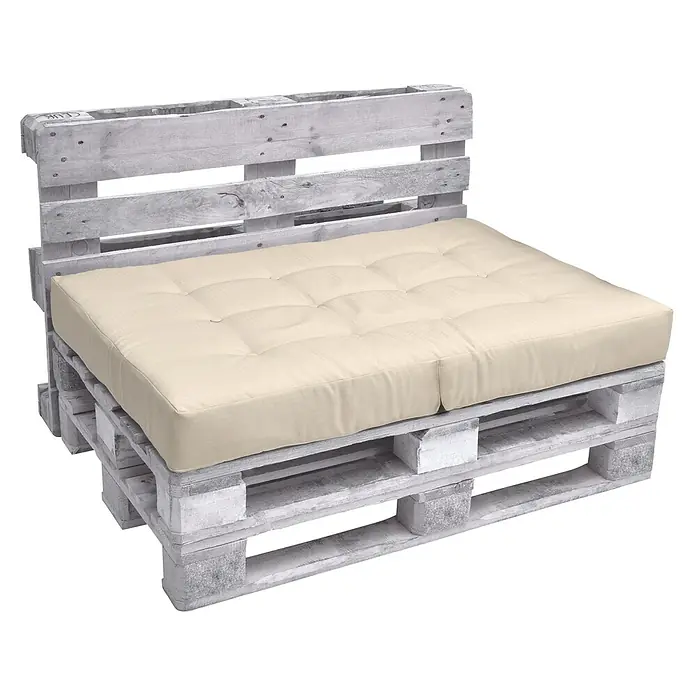 Beautissu Sitzauflage ECO Elements - Europalette, 1 Stk., Polyester, Natur - Helles Palettensofa aus Holz mit beigem, getuftetem Kissen für bequemes Sitzen.