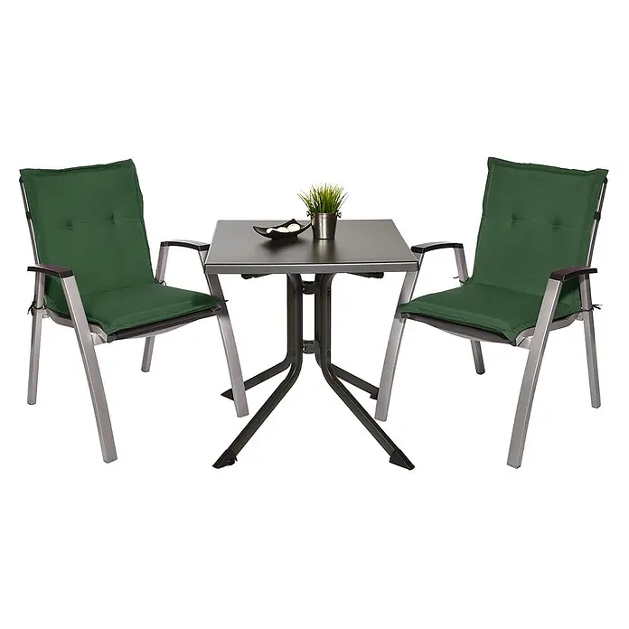 Beautissu Sitzauflage Loft Nl - Niederlehner, 4 Stk., L x B x H: 100 x 50 x 6 cm, Polyester, Dunkelgrün - Outdoor-Bistro-Set mit dunkelgrauem Metall-Quadrat-Tisch und zwei Stühlen mit silberfarbenen Metallgestellen und dunkelgrünen Kissen.
