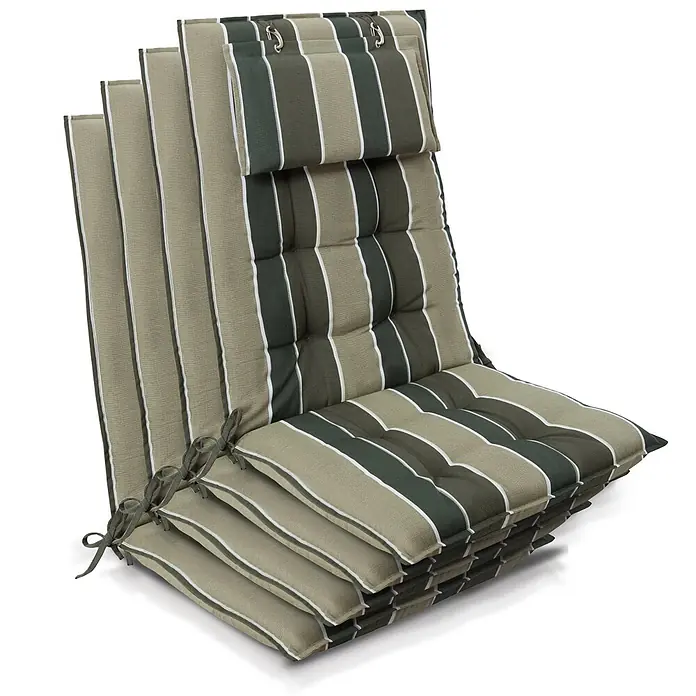 Beautissu Sitzauflage Sun-HL - Hochlehner, 4 Stk., Polyester, grün-gestreift - Gestapelte grün, hellgrün und weiß gestreifte Outdoor-Sitzkissen mit Bändern und Haken.